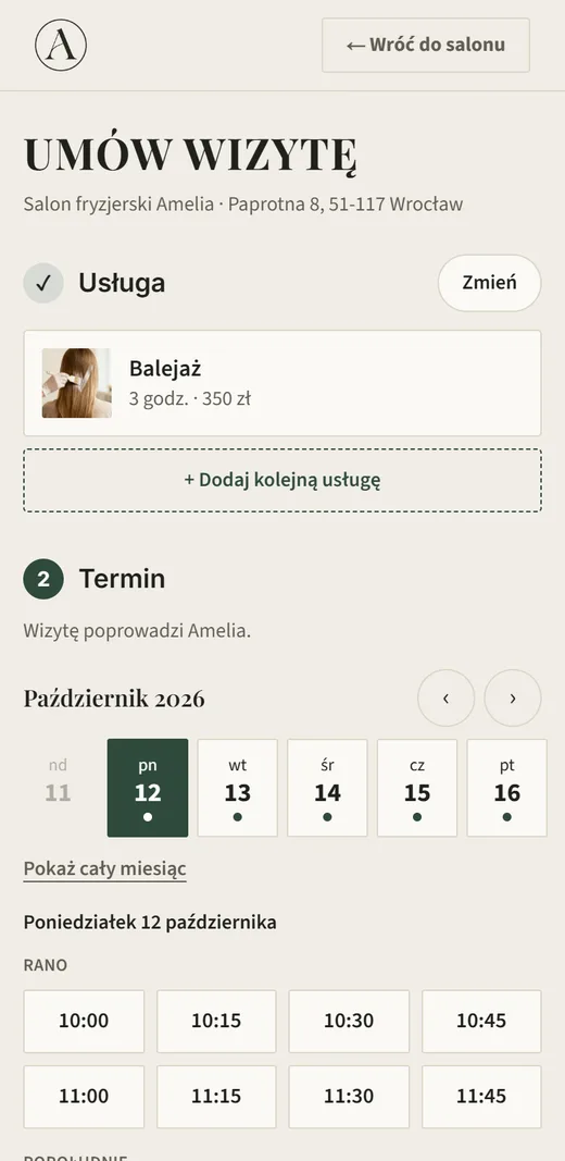 Rezerwacja online w salonie Salon fryzjerski Amelia na telefonie