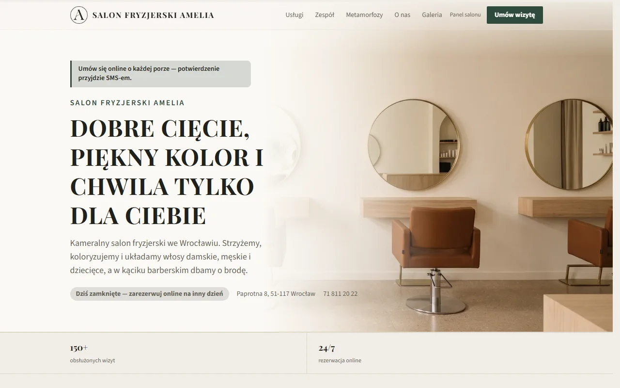 Strona salonu Salon fryzjerski Amelia na komputerze