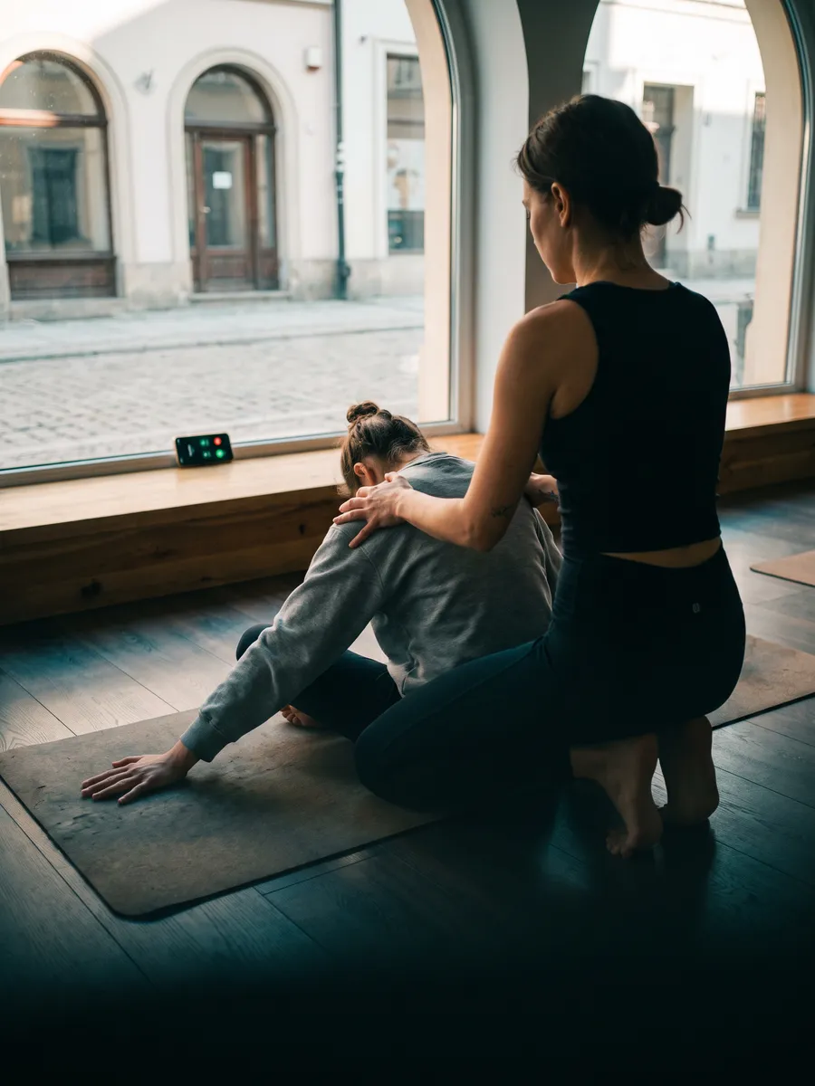 Joga i pilates — praca trwa, telefon dzwoni w tle