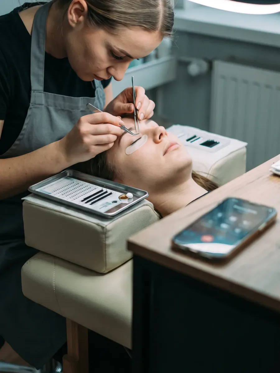 Stylizacja rzęs — praca trwa, telefon dzwoni w tle